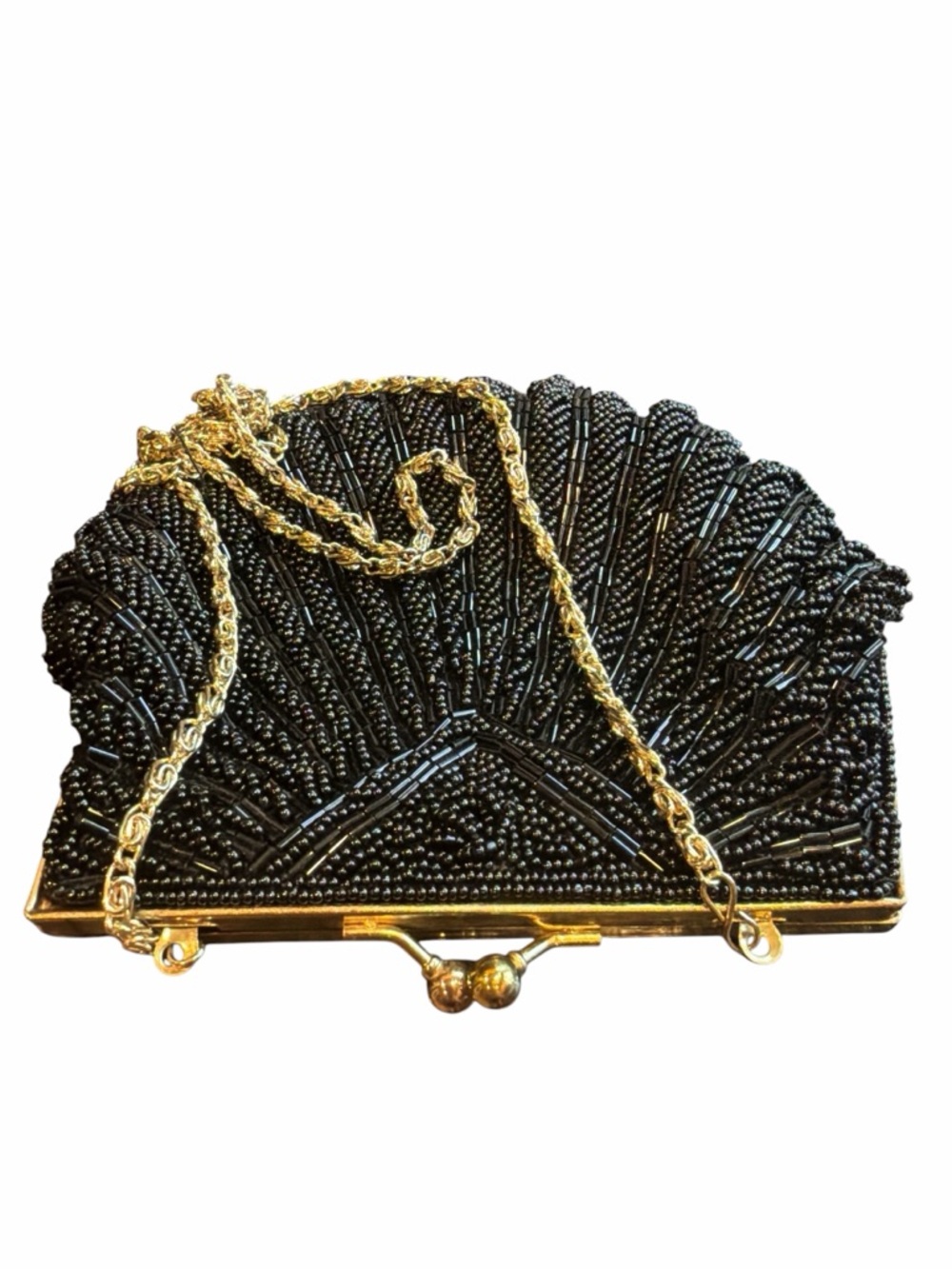 La Regale LTD Vintage Black Beaded Evening Bag Clutch Gold Chain Art Deco - Picture 10 of 11